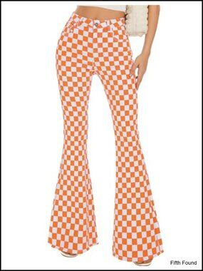 Women's High Waisted Stretch Plaid Flare Jeans Bell Bottom Bootcut Denim Pants
